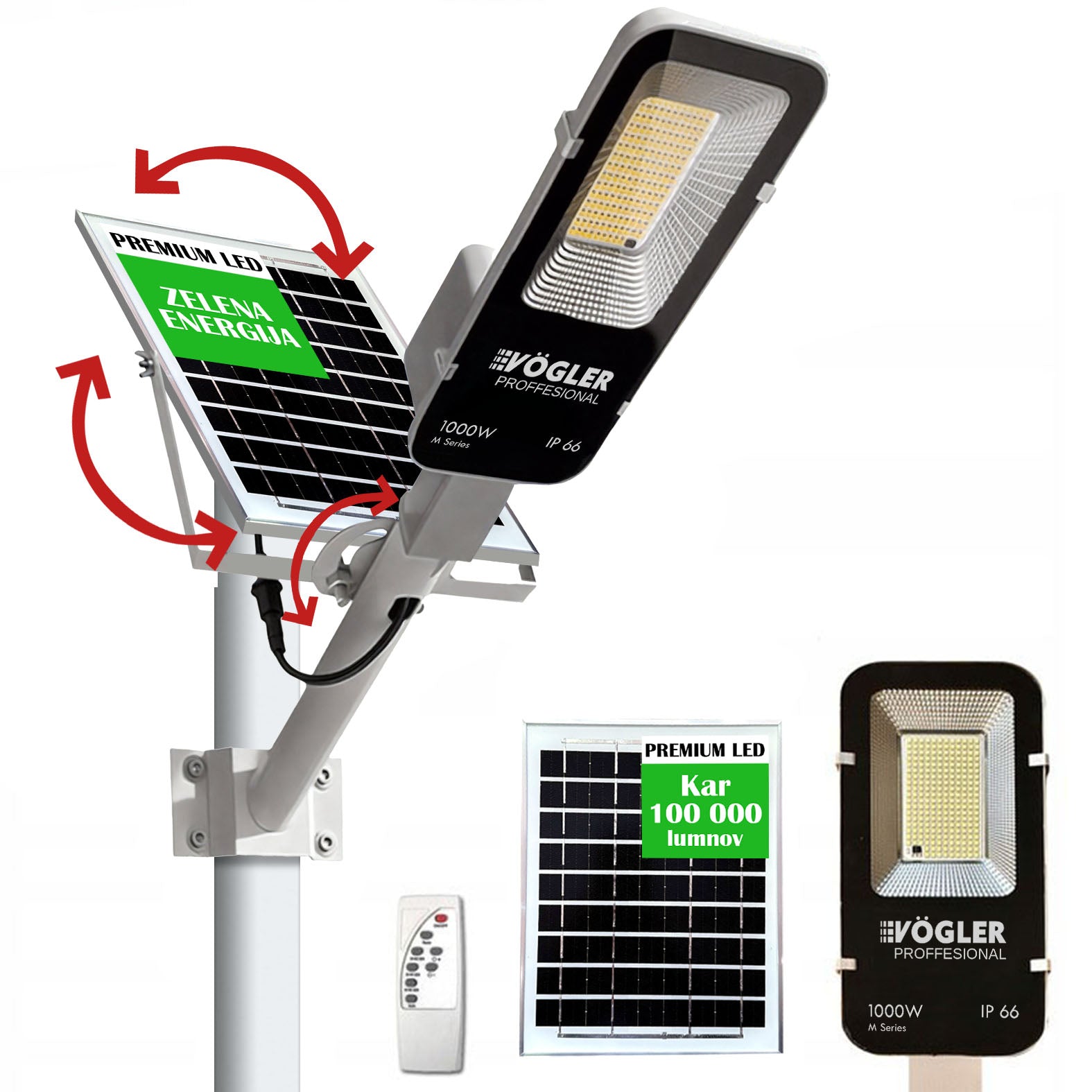 Zmogljiva solarna svetilka, senzor mraka, daljinsko upravljanje, Vögler Professional 1000W