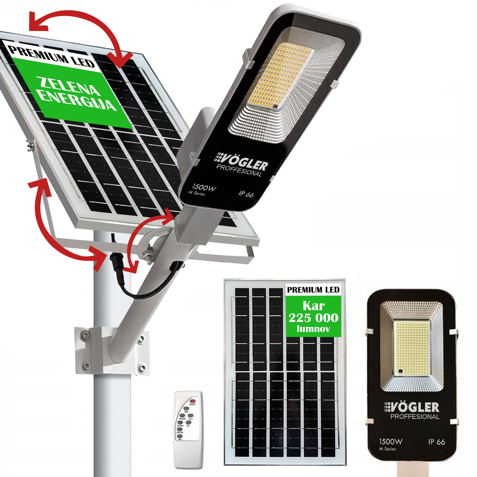 Zmogljiva solarna svetilka, senzor mraka, daljinsko upravljanje, Vögler Professional 1500W