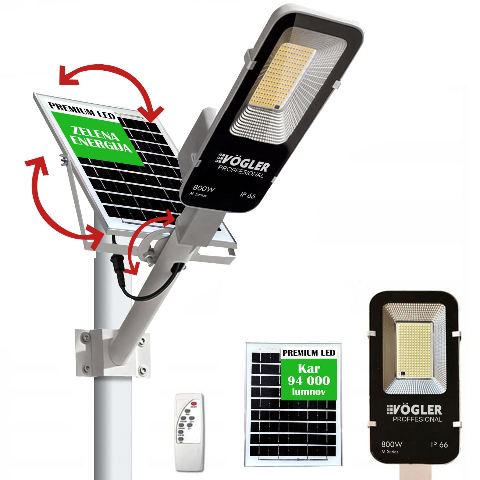 Zmogljiva solarna svetilka, senzor mraka, daljinsko upravljanje, Vögler Professional 800W