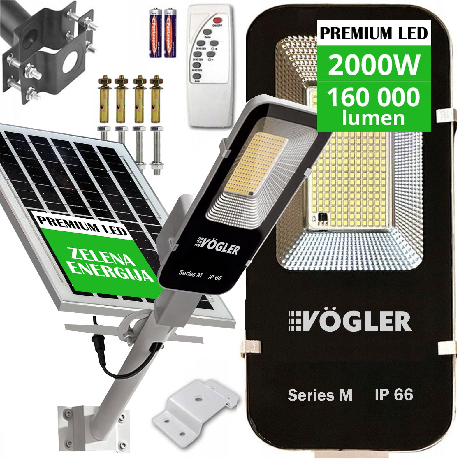 Galingas saulės energija varomas šviestuvas, prieblandos jutiklis, nuotolinio valdymo pultas, Vögler Series M 2000W