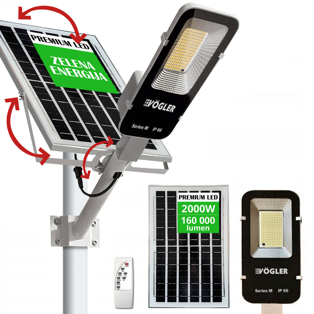 Galingas saulės energija varomas šviestuvas, prieblandos jutiklis, nuotolinio valdymo pultas, Vögler Series M 2000W
