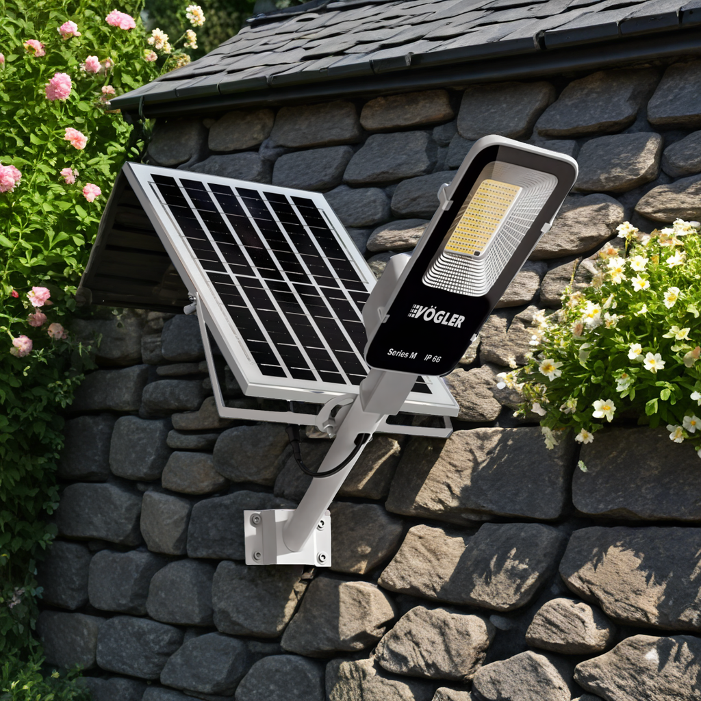 Galingas saulės energija varomas šviestuvas, prieblandos jutiklis, nuotolinio valdymo pultas, Vögler Series M 2000W