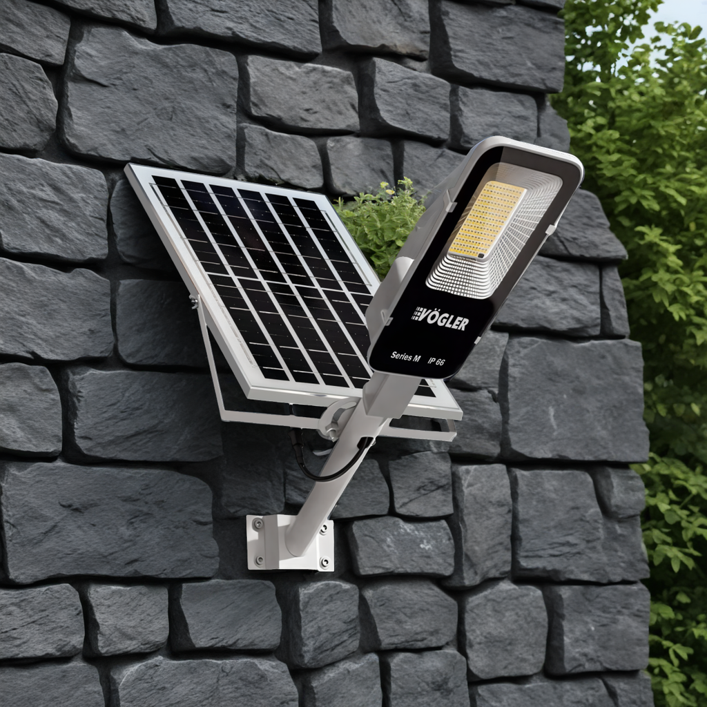 Galingas saulės energija varomas šviestuvas, prieblandos jutiklis, nuotolinio valdymo pultas, Vögler Series M 2000W