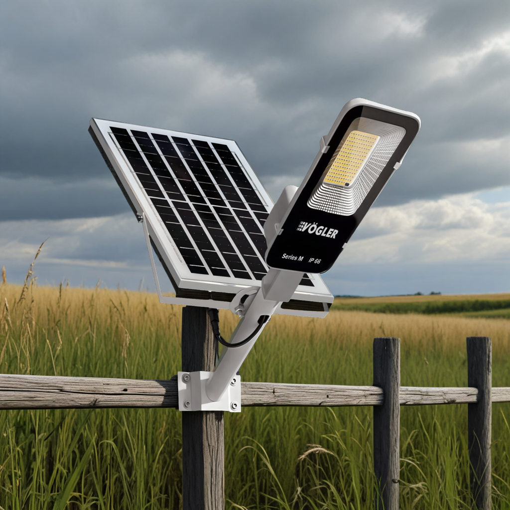 Galingas saulės energija varomas šviestuvas, prieblandos jutiklis, nuotolinio valdymo pultas, Vögler Series M 2000W