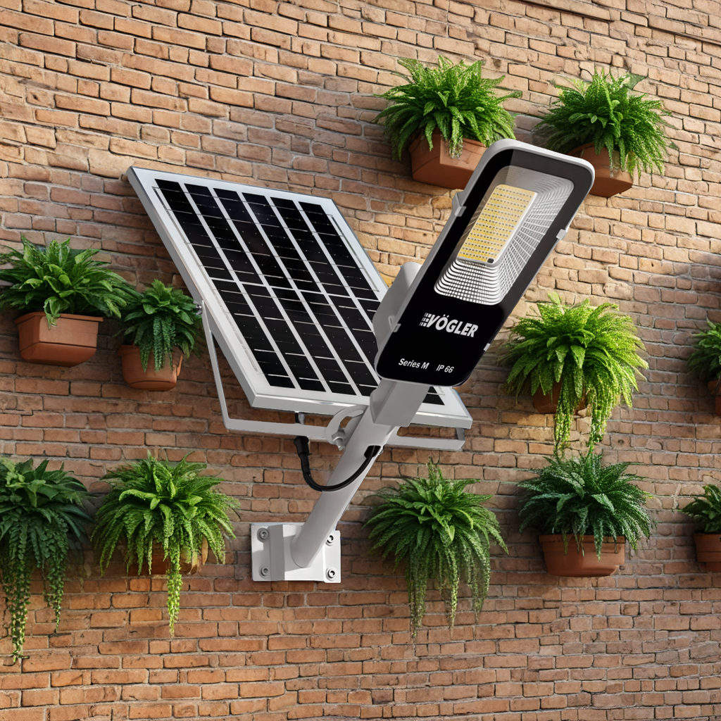 Galingas saulės energija varomas šviestuvas, prieblandos jutiklis, nuotolinio valdymo pultas, Vögler Series M 2000W