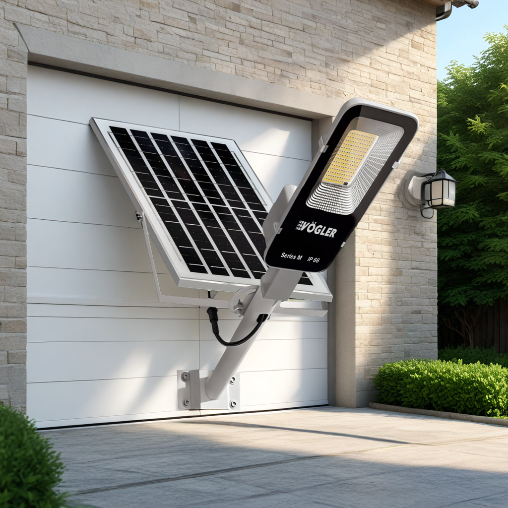 Galingas saulės energija varomas šviestuvas, prieblandos jutiklis, nuotolinio valdymo pultas, Vögler Series M 2000W