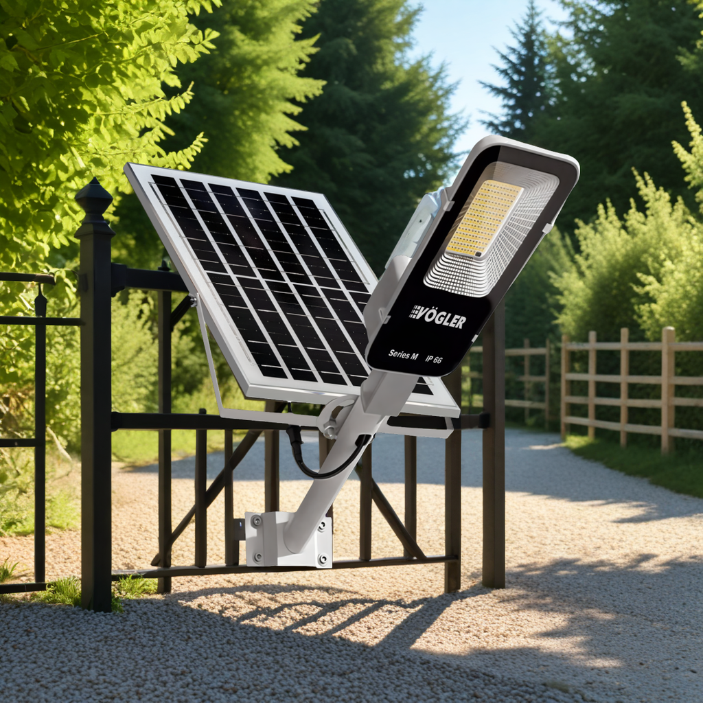 Galingas saulės energija varomas šviestuvas, prieblandos jutiklis, nuotolinio valdymo pultas, Vögler Series M 2000W