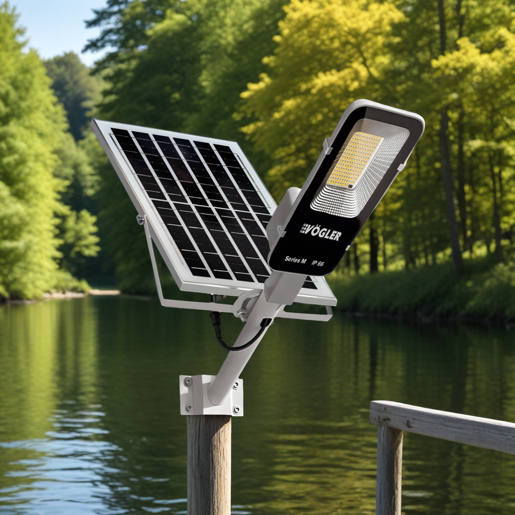 Galingas saulės energija varomas šviestuvas, prieblandos jutiklis, nuotolinio valdymo pultas, Vögler Series M 2000W